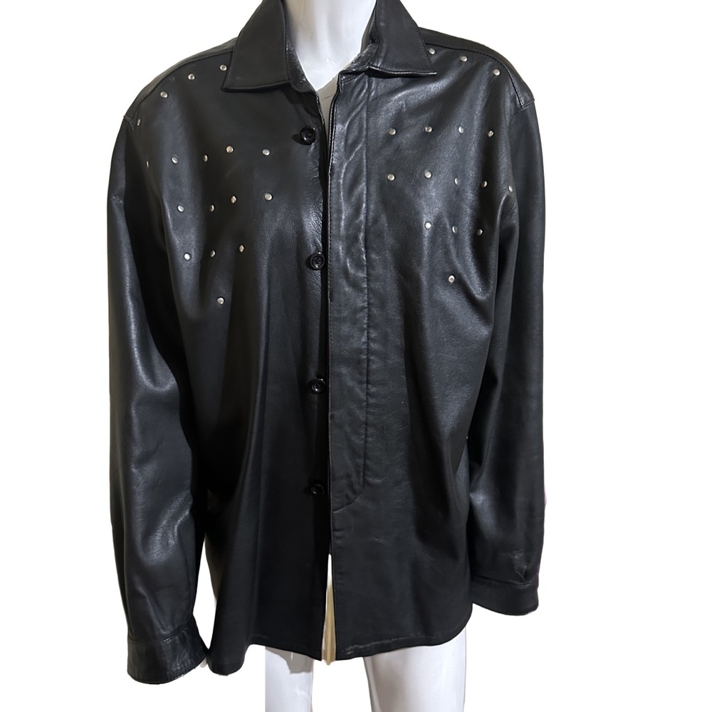 Black Leather Biker Jacket with Studs and Zipper Closure